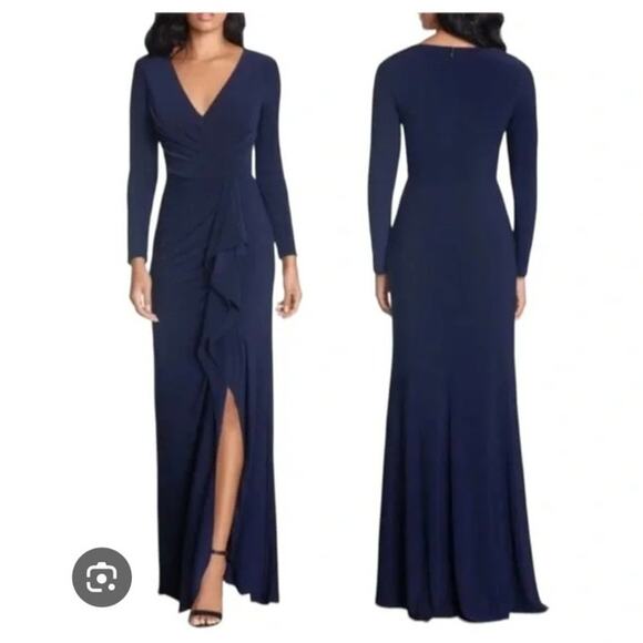 Betsy & Adam Dresses & Skirts - Betsy & Adam Navy blue cascading side ruffle long dress high slit  sz 12